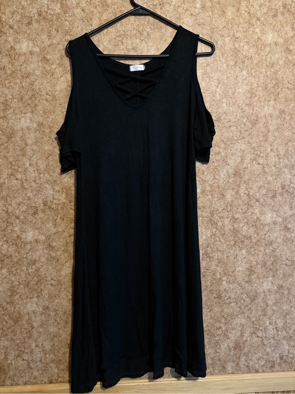 Black Cold-Shoulder V-Neck Dress with Crisscross Detail